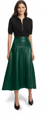 Emerald Green Original Leather Midi Skirt - A-Line Full Grain Leather Skirt for Women