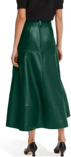 Emerald Green Original Leather Midi Skirt - A-Line Full Grain Leather Skirt for Women
