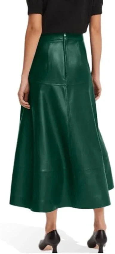 Emerald Green Original Leather Midi Skirt - A-Line Full Grain Leather Skirt for Women