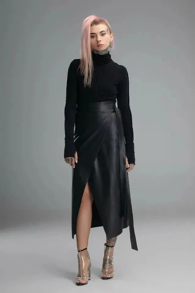 Black Original Leather Wrap Midi Skirt - Tie Detail Full Grain Premium Leather Skirt for Women