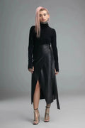 Black Original Leather Wrap Midi Skirt - Tie Detail Full Grain Premium Leather Skirt for Women