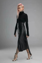 Black Original Leather Wrap Midi Skirt - Tie Detail Full Grain Premium Leather Skirt for Women