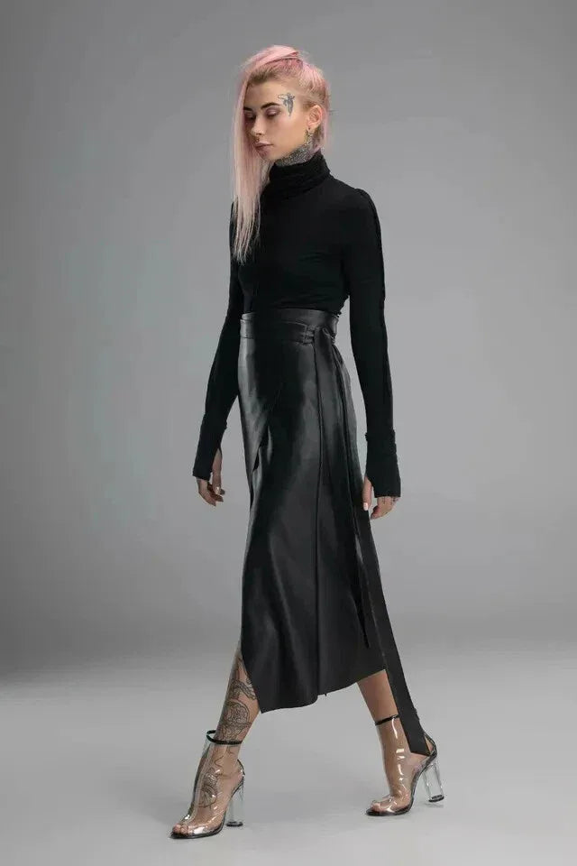 Black Original Leather Wrap Midi Skirt - Tie Detail Full Grain Premium Leather Skirt for Women