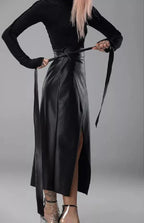 Black Original Leather Wrap Midi Skirt - Tie Detail Full Grain Premium Leather Skirt for Women
