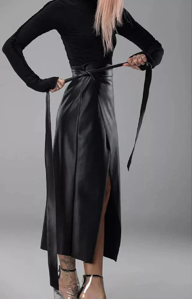Black Original Leather Wrap Midi Skirt - Tie Detail Full Grain Premium Leather Skirt for Women