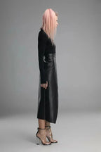 Black Original Leather Wrap Midi Skirt - Tie Detail Full Grain Premium Leather Skirt for Women