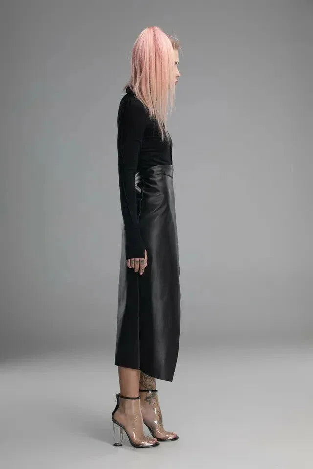 Black Original Leather Wrap Midi Skirt - Tie Detail Full Grain Premium Leather Skirt for Women