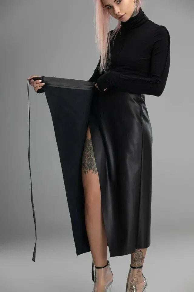 Black Original Leather Wrap Midi Skirt - Tie Detail Full Grain Premium Leather Skirt for Women