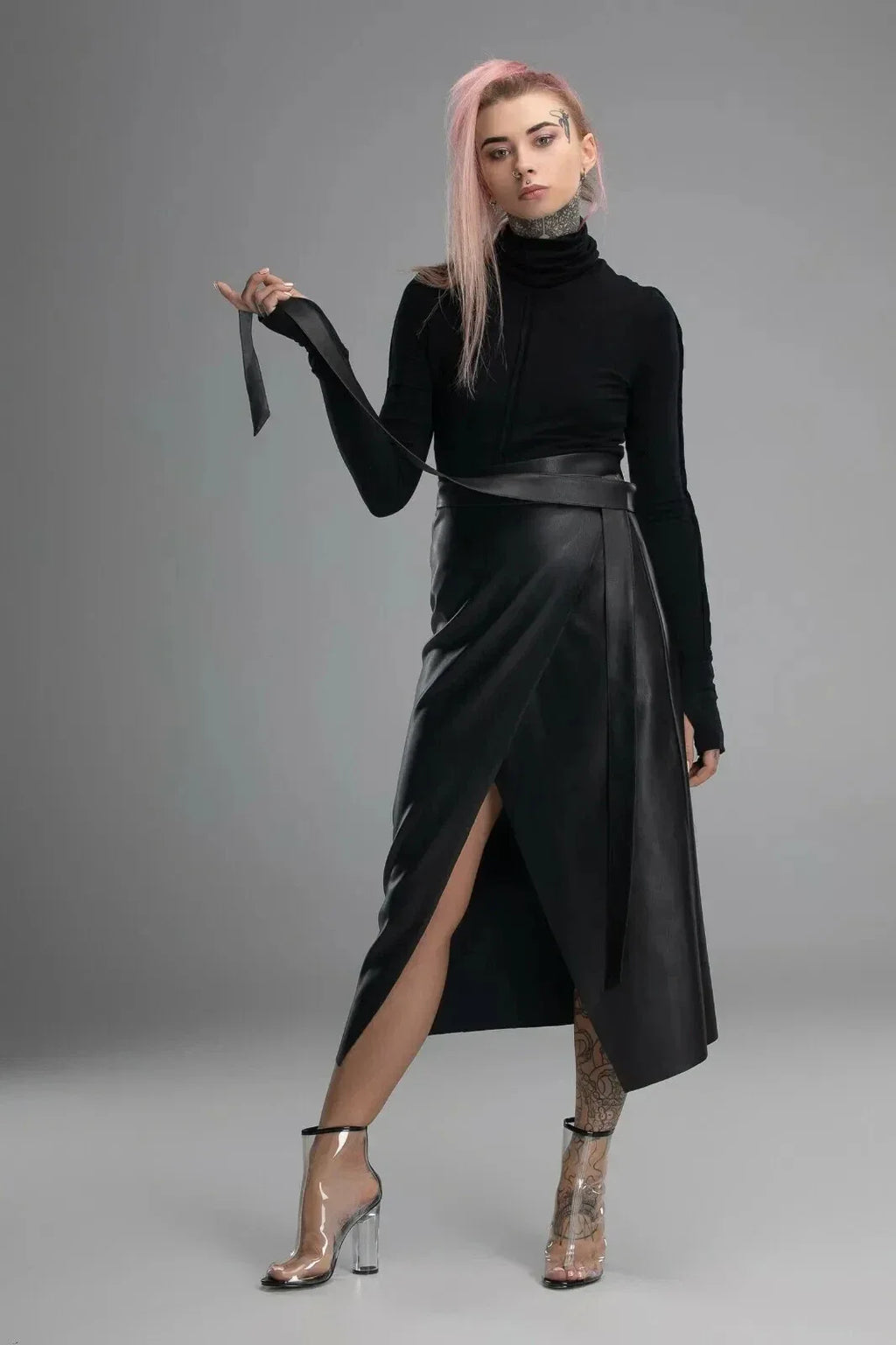 Black Original Leather Wrap Midi Skirt - Tie Detail Full Grain Premium Leather Skirt for Women
