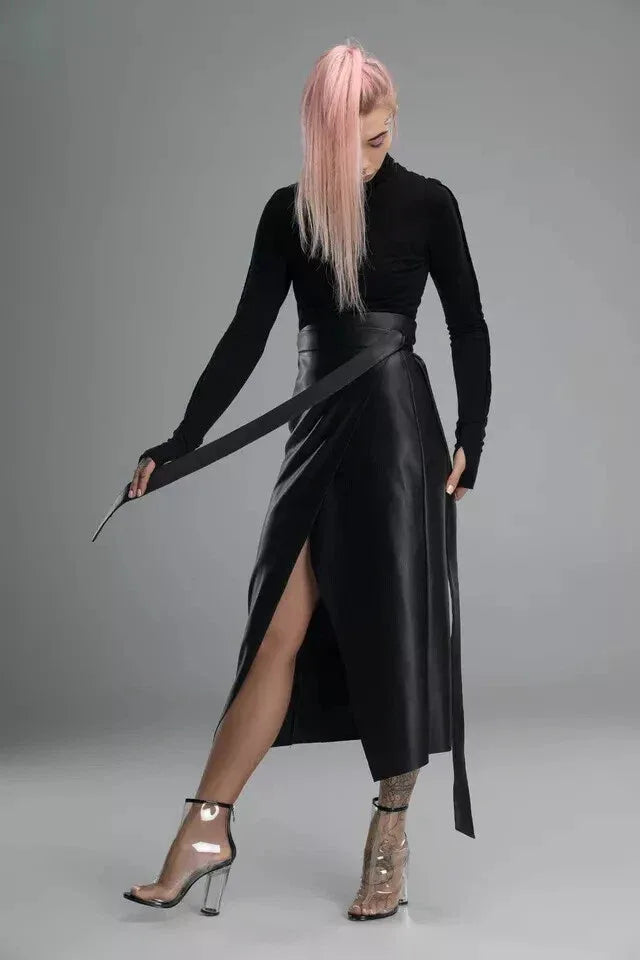 Black Original Leather Wrap Midi Skirt - Tie Detail Full Grain Premium Leather Skirt for Women
