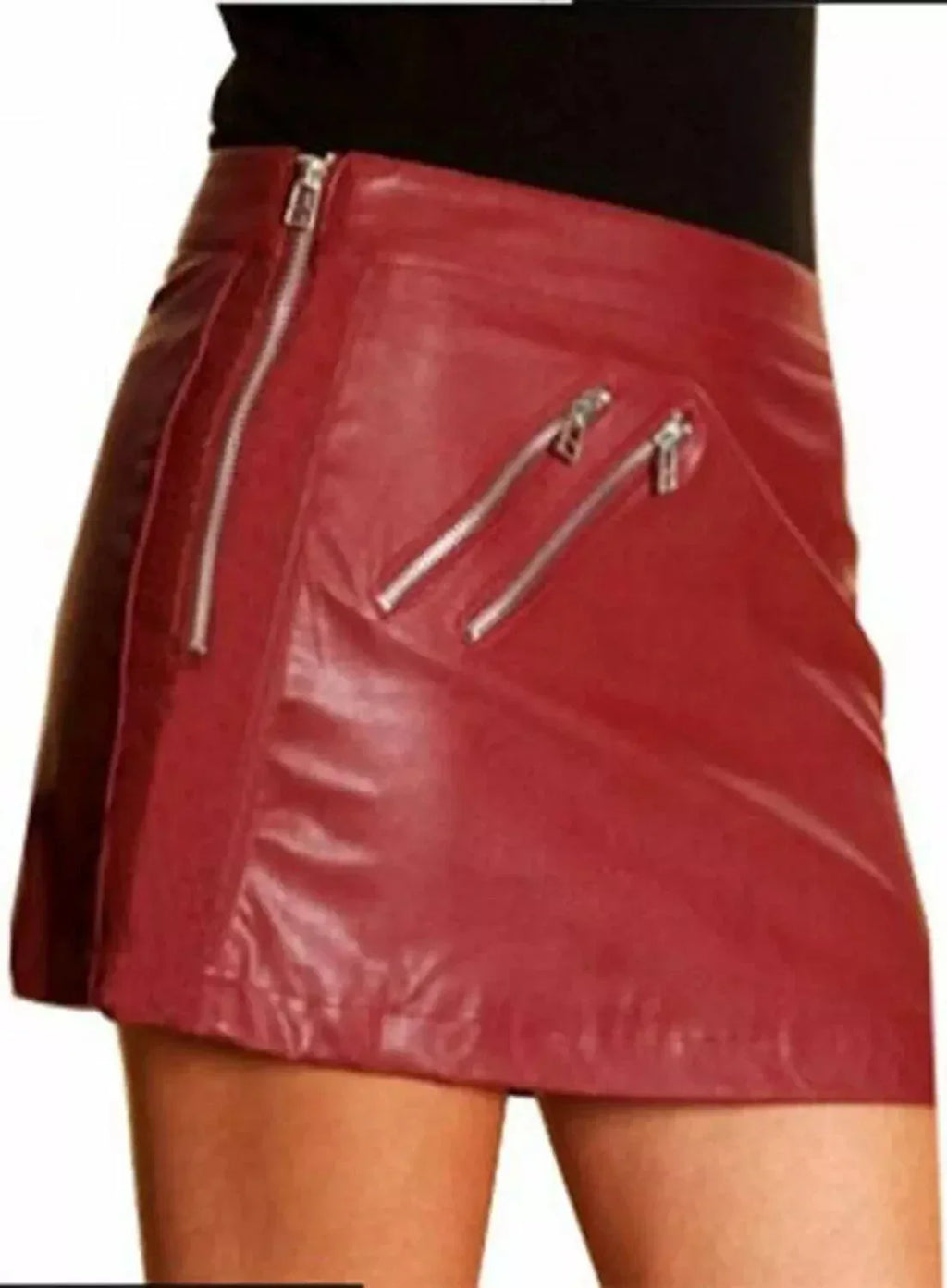 Red Original Leather Mini Skirt - Zipper Detail Full Grain Premium Leather Skirt for Women