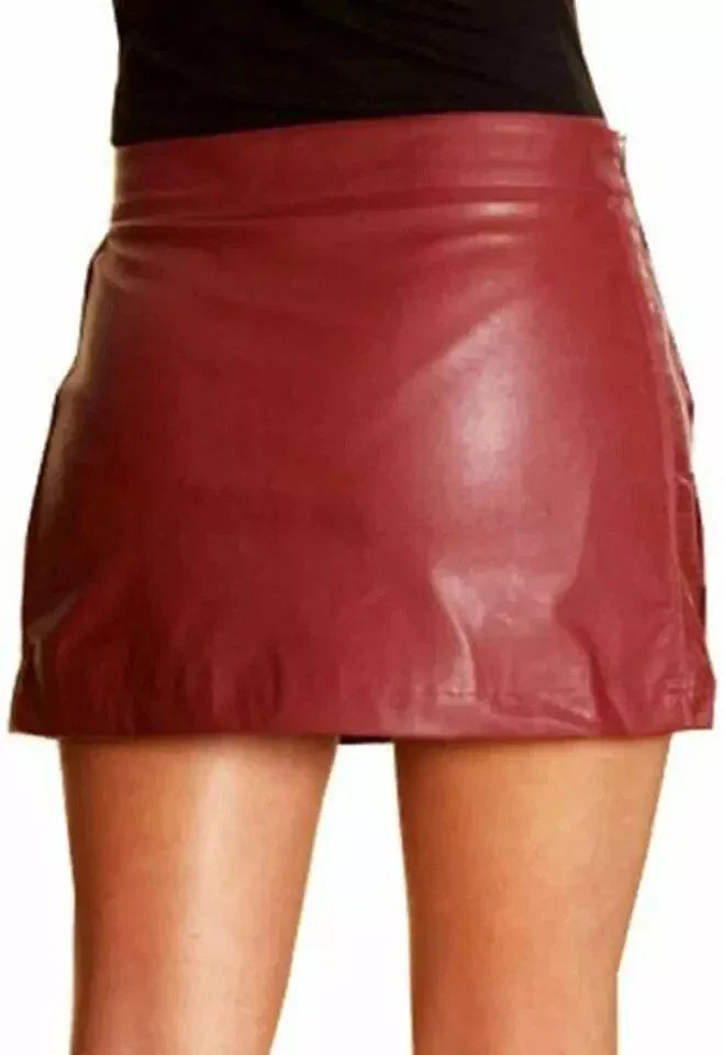 Red Original Leather Mini Skirt - Zipper Detail Full Grain Premium Leather Skirt for Women