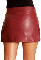 Red Original Leather Mini Skirt - Zipper Detail Full Grain Premium Leather Skirt for Women