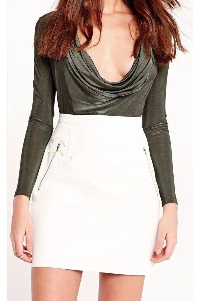 White Original Leather Mini Skirt - Zipper Detail Full Grain Premium Leather Skirt for Women