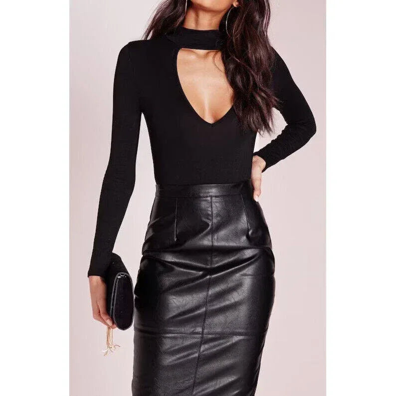 Black Original Leather Pencil Midi Skirt - High Waist Full Grain Premium Leather Skirt for Women