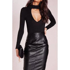 Black Original Leather Pencil Midi Skirt - High Waist Full Grain Premium Leather Skirt for Women