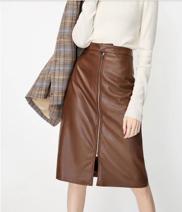 Brown Original Leather Midi Skirt - Front Zipper Full Grain Premium Leather Skirt for Women
