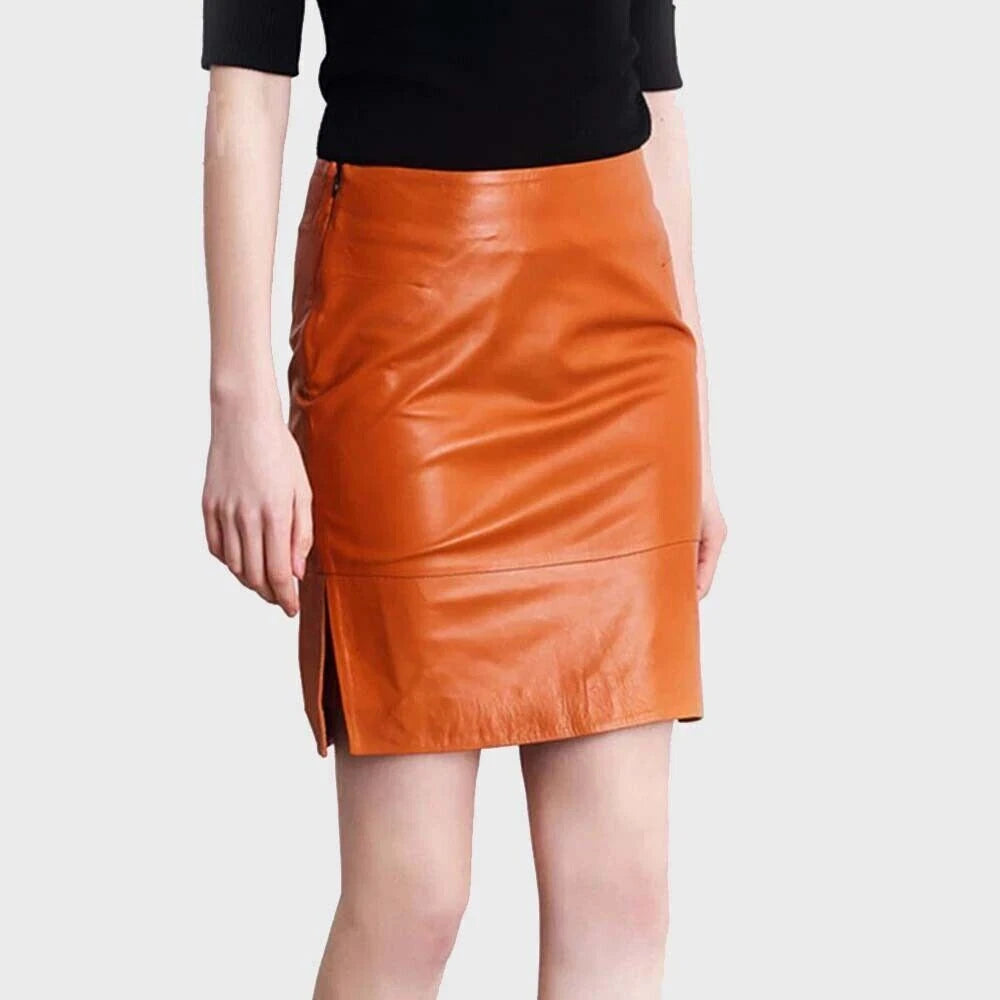 Orange Original Leather Mini Skirt - Side Slit Full Grain Premium Leather Skirt for Women