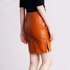 Orange Original Leather Mini Skirt - Side Slit Full Grain Premium Leather Skirt for Women
