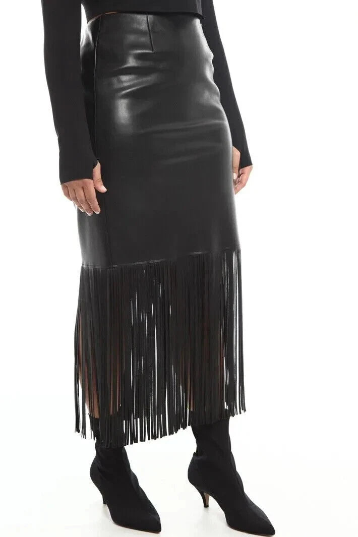 Black Original Leather Fringe Midi Skirt - Western Style Full Grain Premium Leather Skirt for Women
