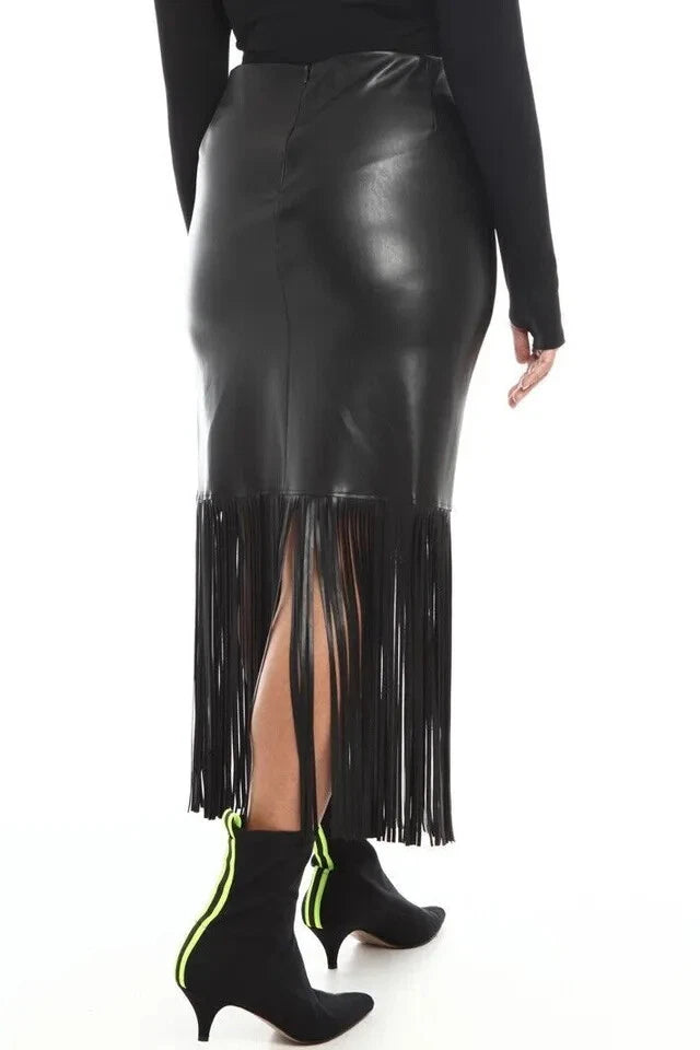Black Original Leather Fringe Midi Skirt - Western Style Full Grain Premium Leather Skirt for Women