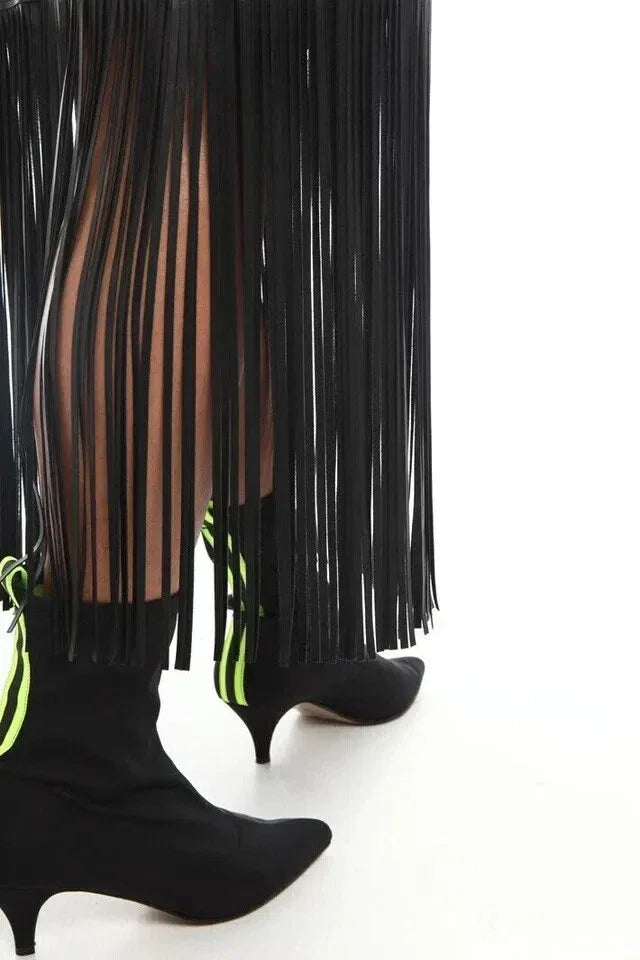 Black Original Leather Fringe Midi Skirt - Western Style Full Grain Premium Leather Skirt for Women