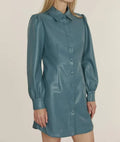 Women's Teal Blue Original Leather Shirt Dress - Premium  Long Sleeve Button-Front Mini Dress