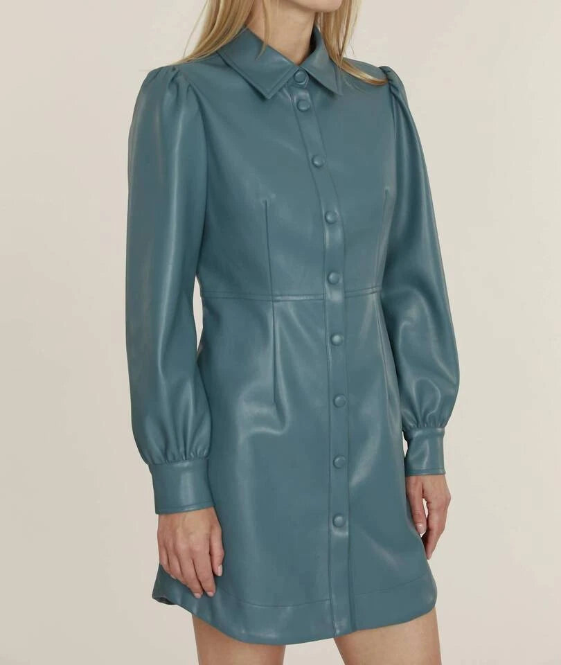 Women's Teal Blue Original Leather Shirt Dress - Premium  Long Sleeve Button-Front Mini Dress