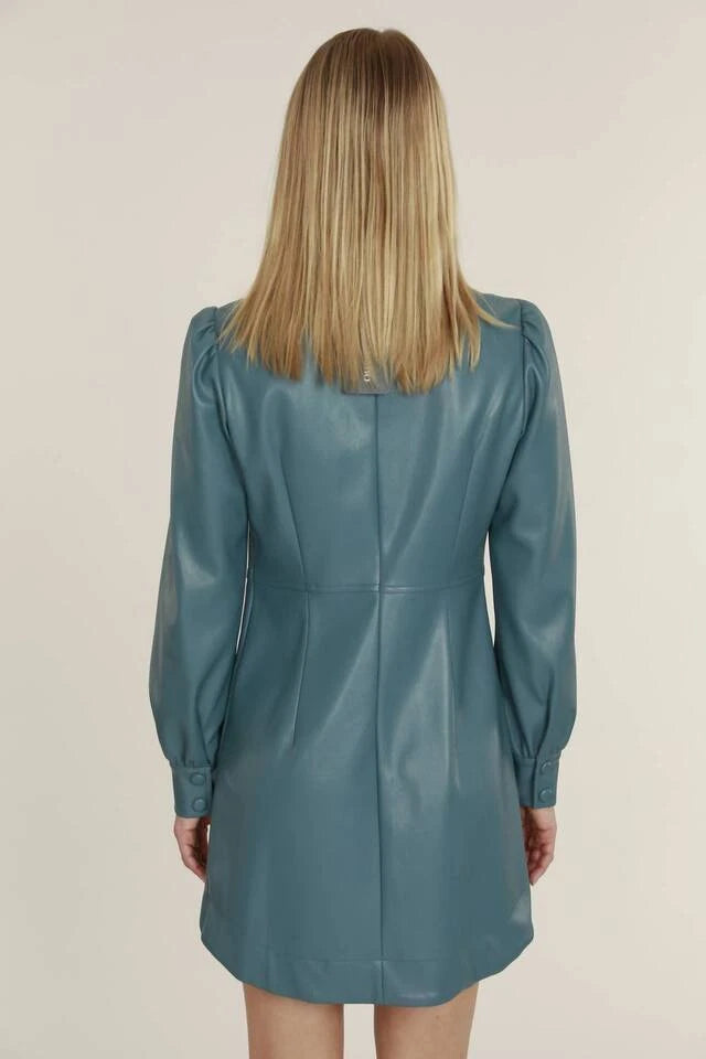 Women's Teal Blue Original Leather Shirt Dress - Premium  Long Sleeve Button-Front Mini Dress