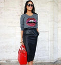 Black Original Leather Pencil Midi Skirt - High Waist Full Grain Premium Leather Skirt for Women