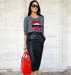 Black Original Leather Pencil Midi Skirt - High Waist Full Grain Premium Leather Skirt for Women