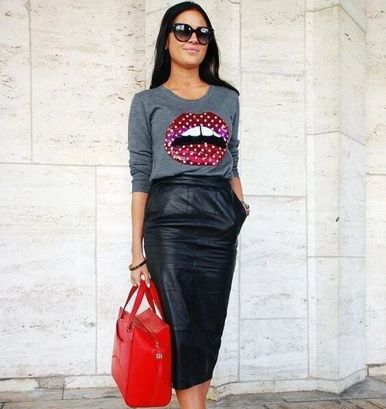 Black Original Leather Pencil Midi Skirt - High Waist Full Grain Premium Leather Skirt for Women