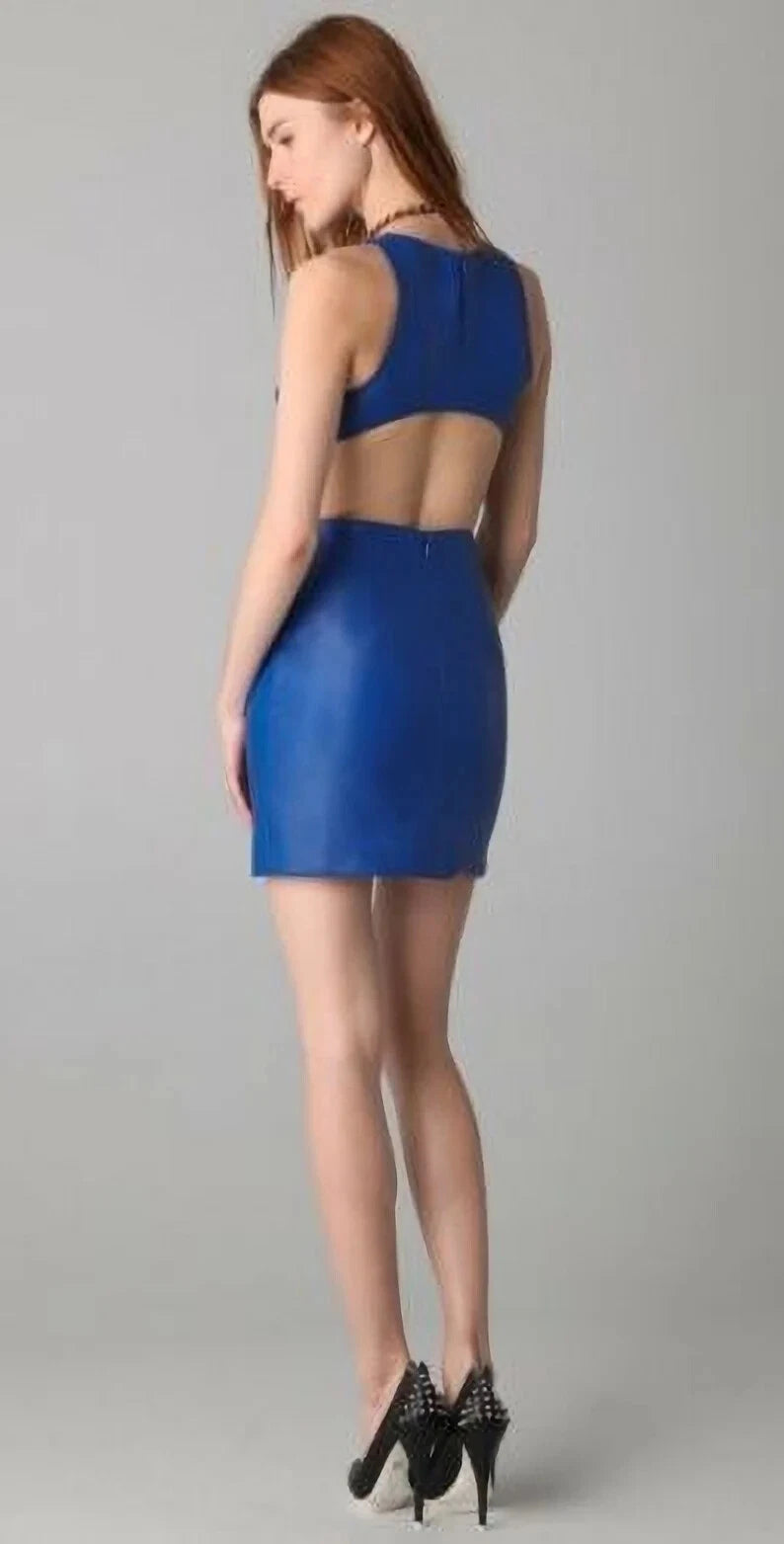 Women's Royal Blue Leather Premium Dress with Cutout Back - Original Sleeveless Bodycon Mini Dress