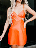 Women's Orange Leather Original Dress with Cutout Waist and Tie-Back - Spaghetti Strap Mini Dress