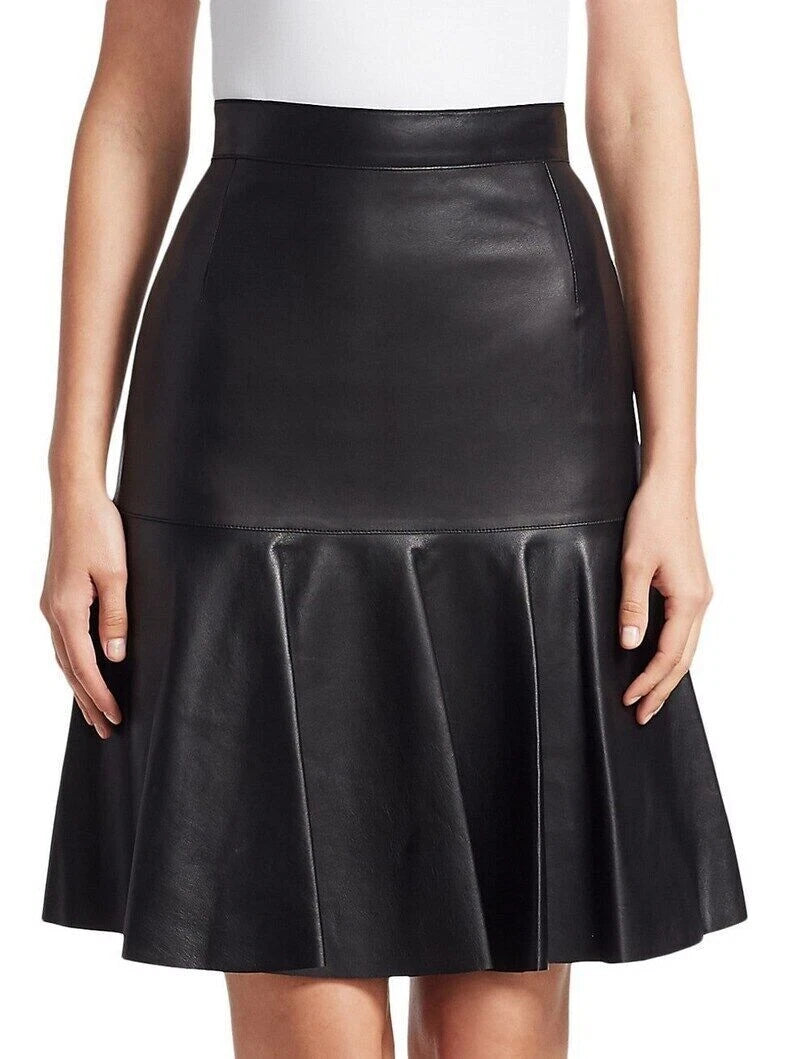 Black Original Leather Drop-Waist Flared Skirt - Knee-Length Full Grain Premium Leather Skirt for Women