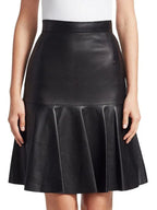 Black Original Leather Drop-Waist Flared Skirt - Knee-Length Full Grain Premium Leather Skirt for Women