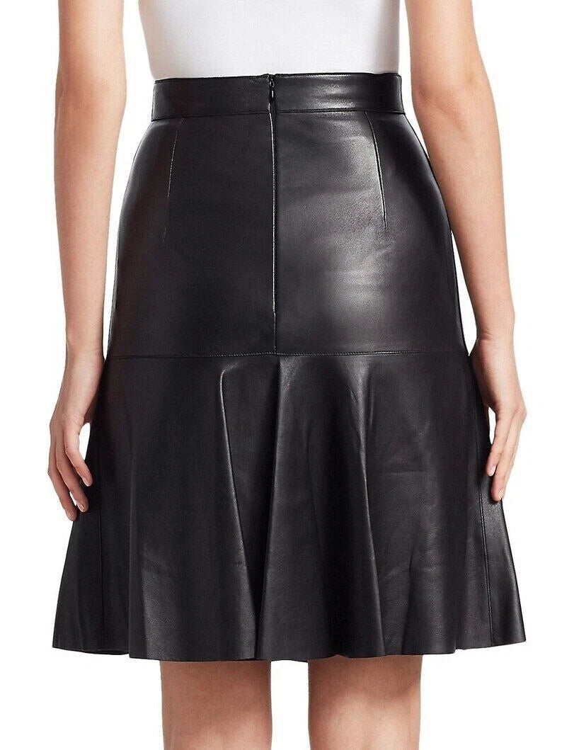 Black Original Leather Drop-Waist Flared Skirt - Knee-Length Full Grain Premium Leather Skirt for Women