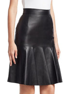 Black Original Leather Drop-Waist Flared Skirt - Knee-Length Full Grain Premium Leather Skirt for Women