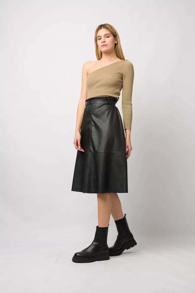 Black Original Leather A-Line Midi Skirt - Belt Detail Full Grain Premium Leather Skirt for Women