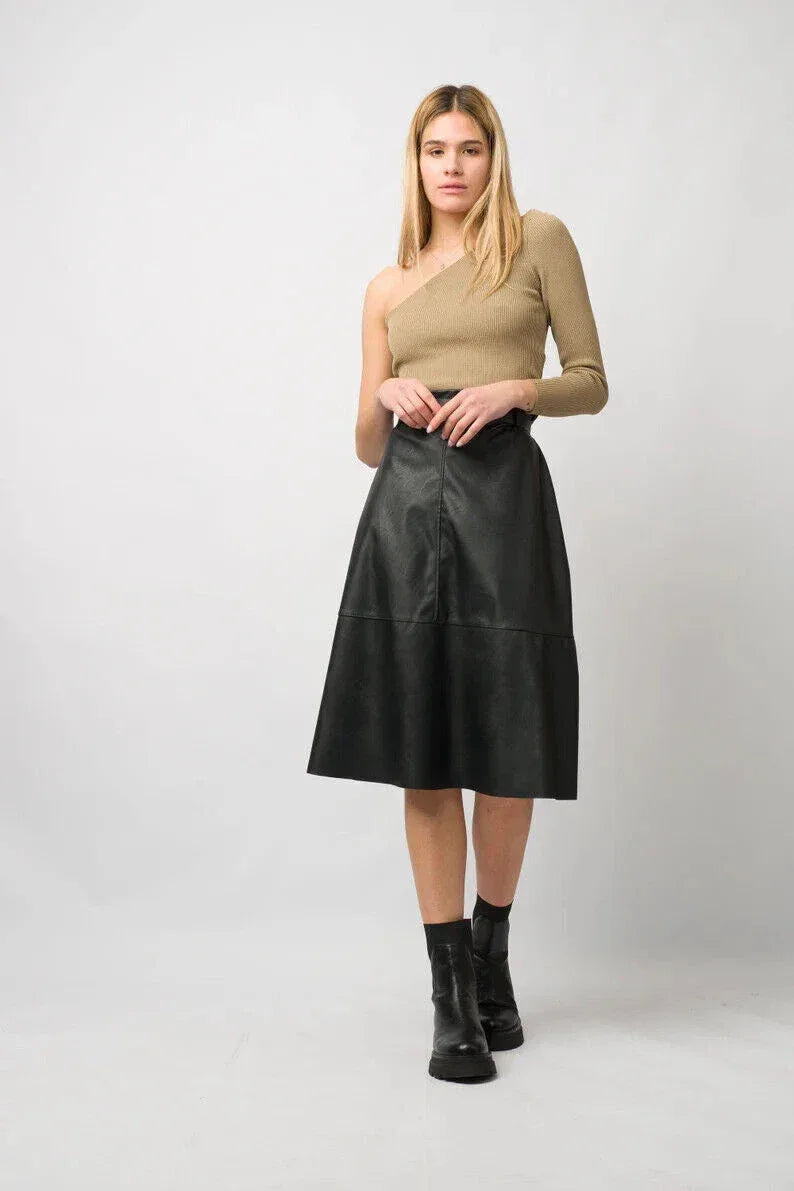 Black Original Leather A-Line Midi Skirt - Belt Detail Full Grain Premium Leather Skirt for Women