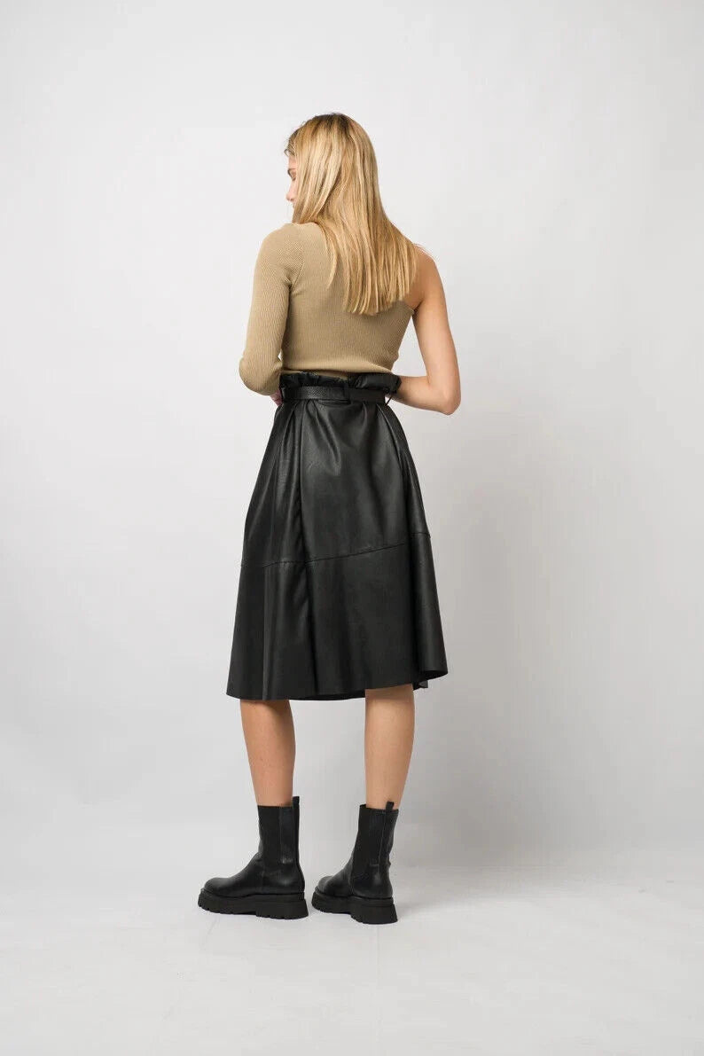 Black Original Leather A-Line Midi Skirt - Belt Detail Full Grain Premium Leather Skirt for Women