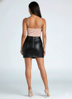 Black Original Leather Mini Skirt - Side Slit Full Grain Premium Leather Skirt for Women