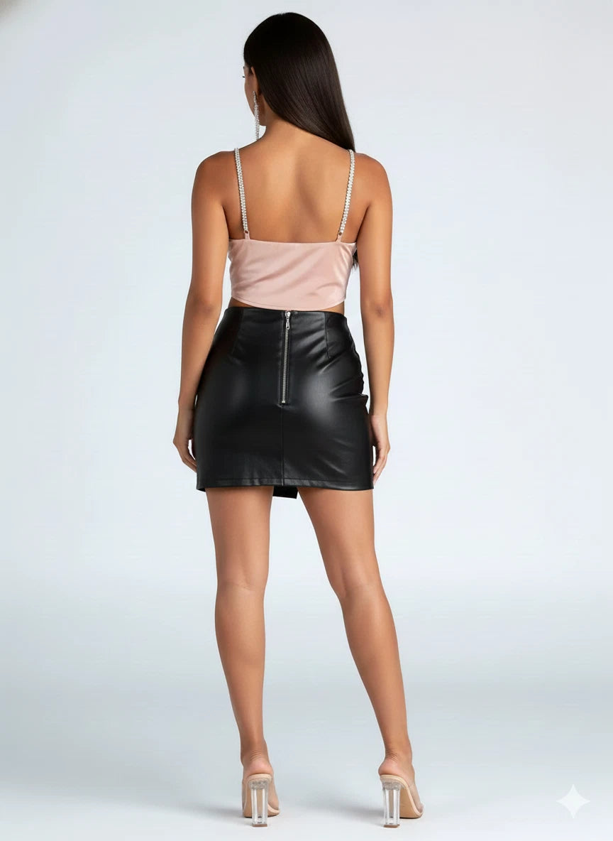 Black Original Leather Mini Skirt - Side Slit Full Grain Premium Leather Skirt for Women