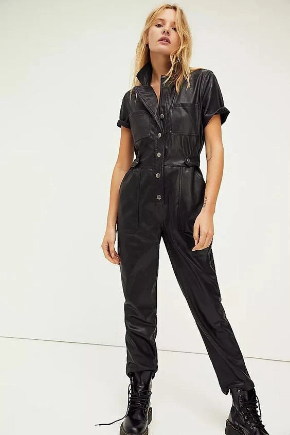 Black Original Leather Jumpsuit - Premium Full-Grain Leather Utility Jumpsuit for Women