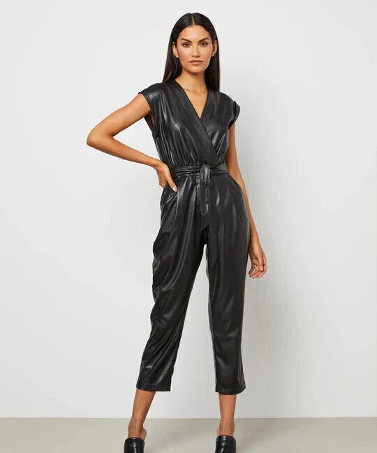 Black Original Leather Wrap Jumpsuit - Premium Full-Grain Leather Belted Jumpsuit for Women