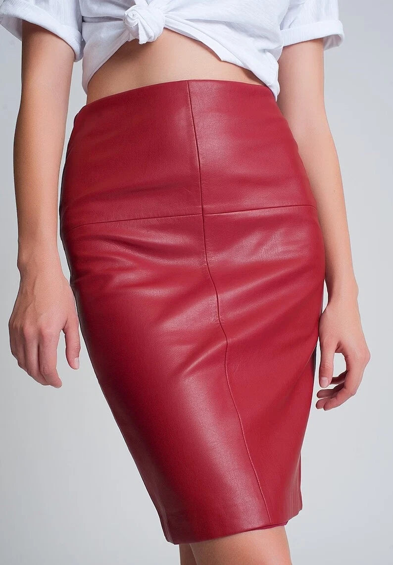 Red Original Leather Pencil Skirt - High Waist Full Grain Premium Leather Skirt for Women