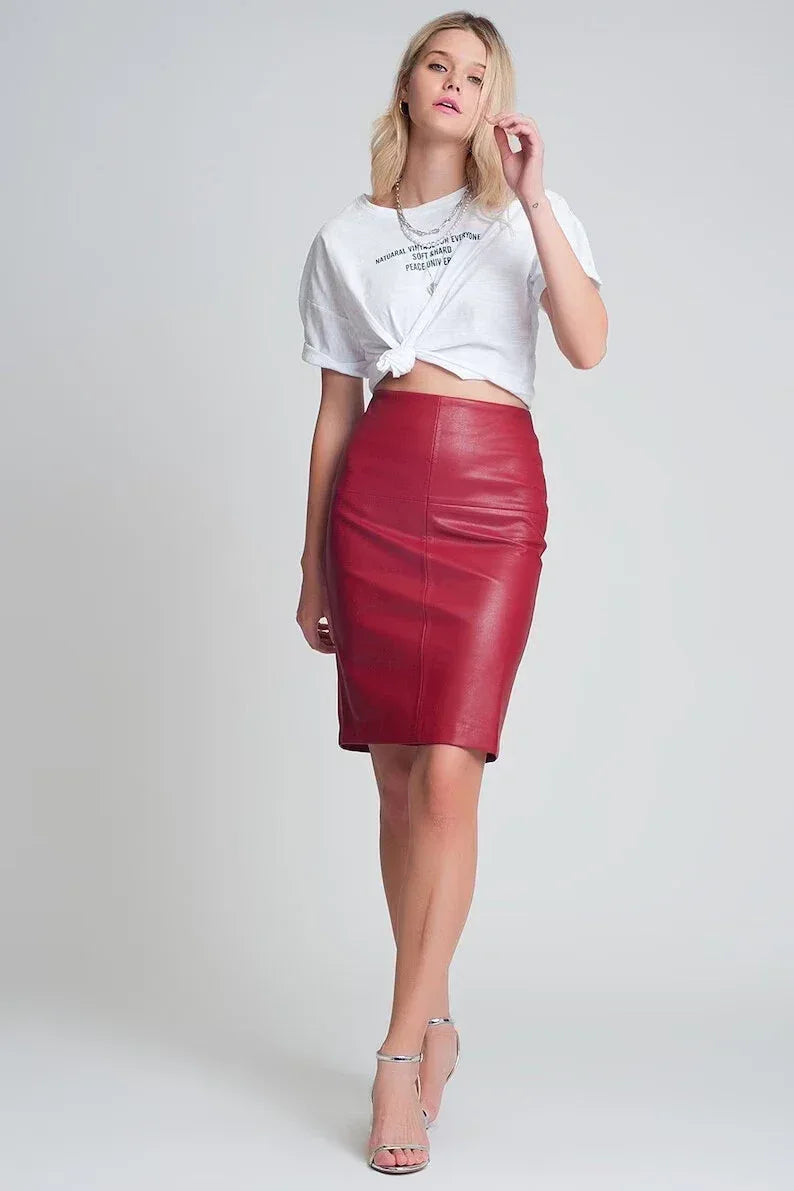 Red Original Leather Pencil Skirt - High Waist Full Grain Premium Leather Skirt for Women