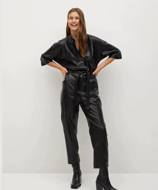 Black Leather Original Relaxed Jumpsuit - Premium Full-Grain Leather 3/4 Sleeve Jumpsuit for Women