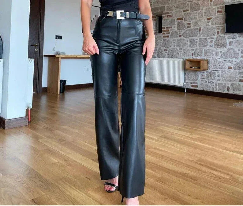 Black Original Leather Pants - High-Waisted Wide Leg Genuine Premium Leather Trousers for Women