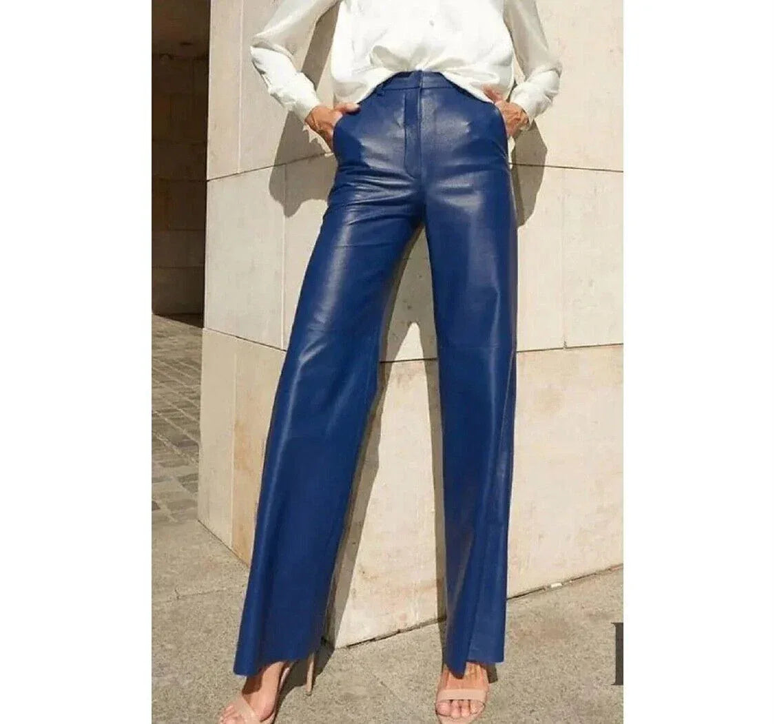 Blue Original Leather Pants - High-Waisted Wide Leg Genuine Premium Leather Trousers for Women